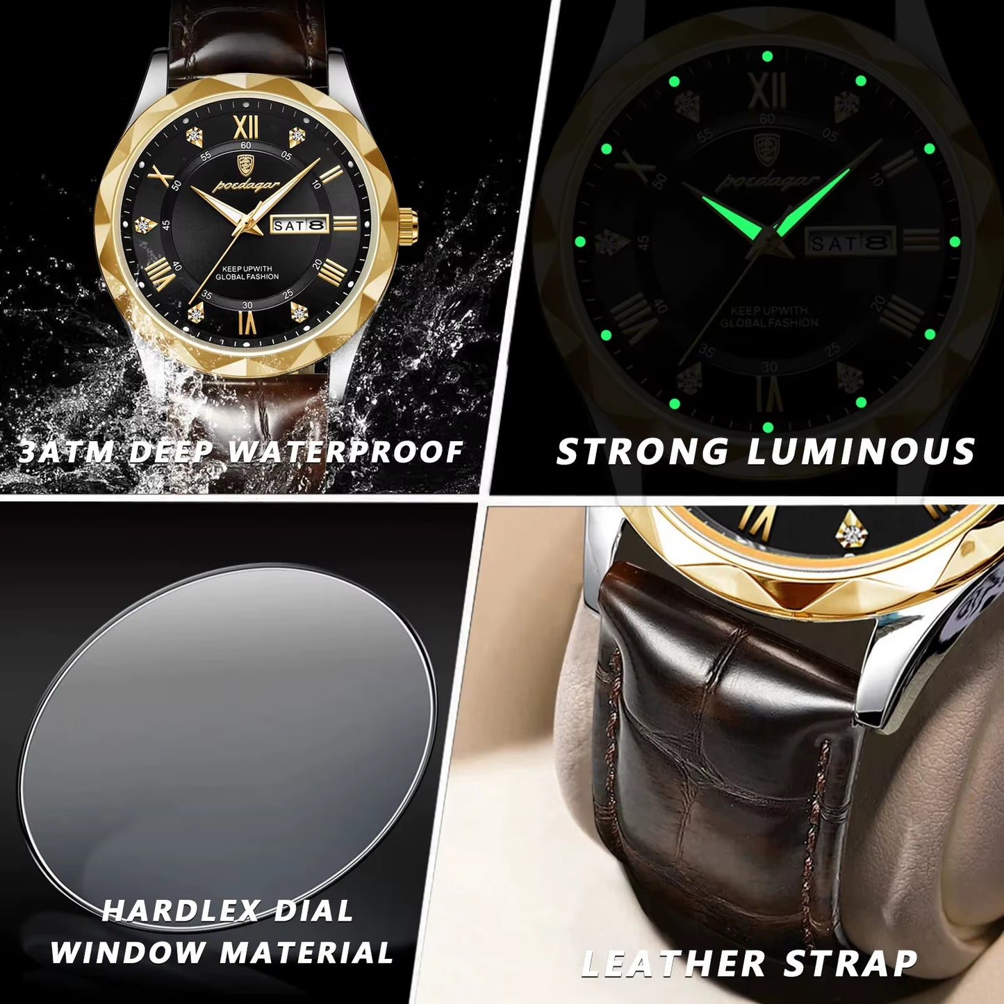 POEDAGAR Luxury Business Wristwatch Quartz Clock Leather Men'S Watches Wristwatch Waterproof Luminous Week Men Watch for Men 615
