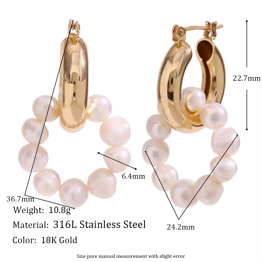 Pearl Earrings for Ladies Fashion Freshwater Pearl Charm Chunky 14K Gold Plated Hoop Earrings for Women
