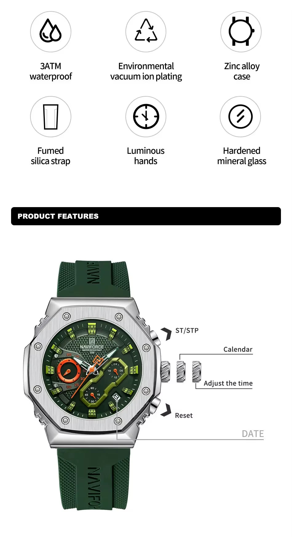 New NAVIFORCE 8035 Top Brand Men'S Watch with Silicon Strap Fashion Sport Casual Wristwatch Luxury Chronograph Day Watches Reloj
