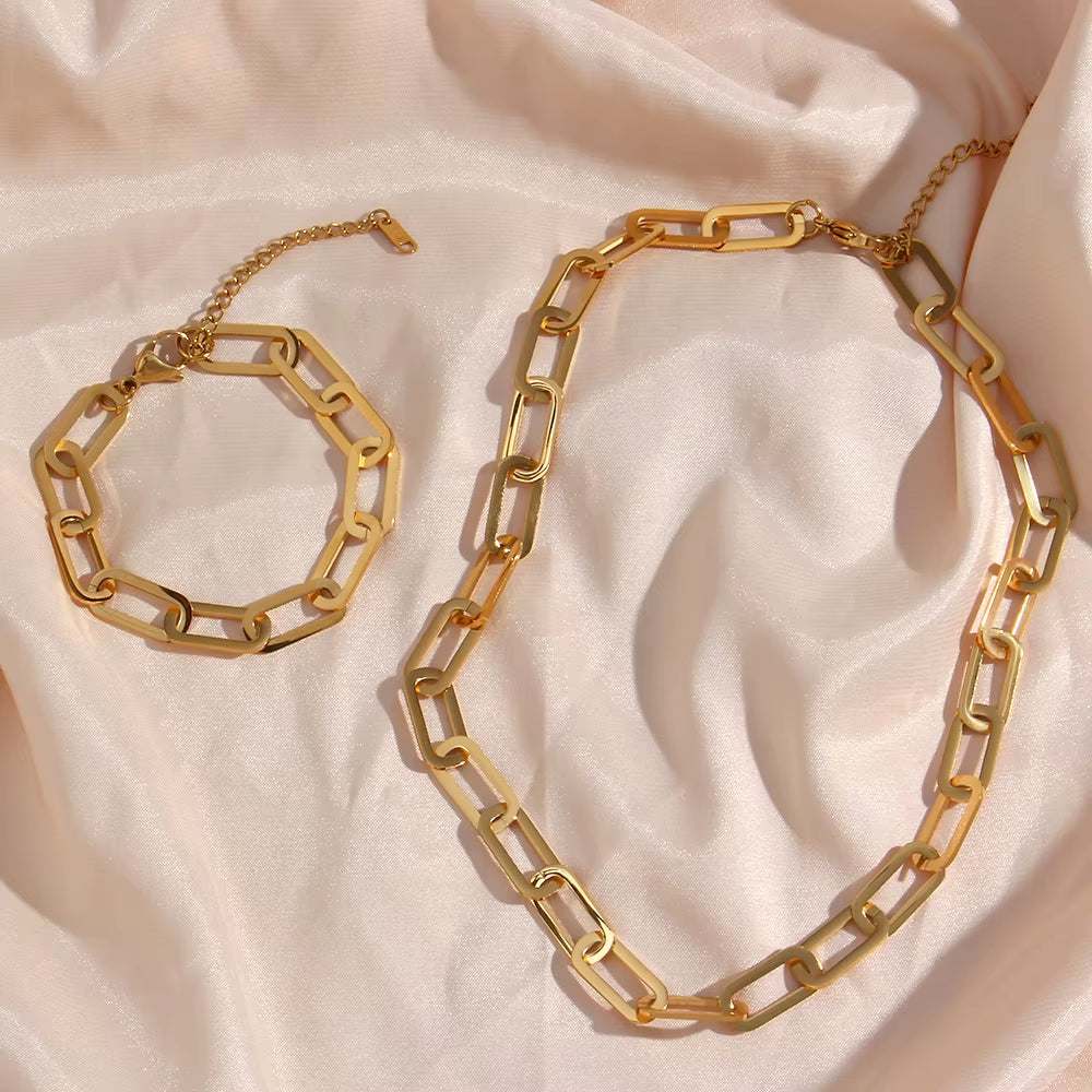 Chunky Paper Clip Chain Necklace Bracelet Jewerly Set Ladies New 18K Gold Plated Stainless Steel Chain Necklace