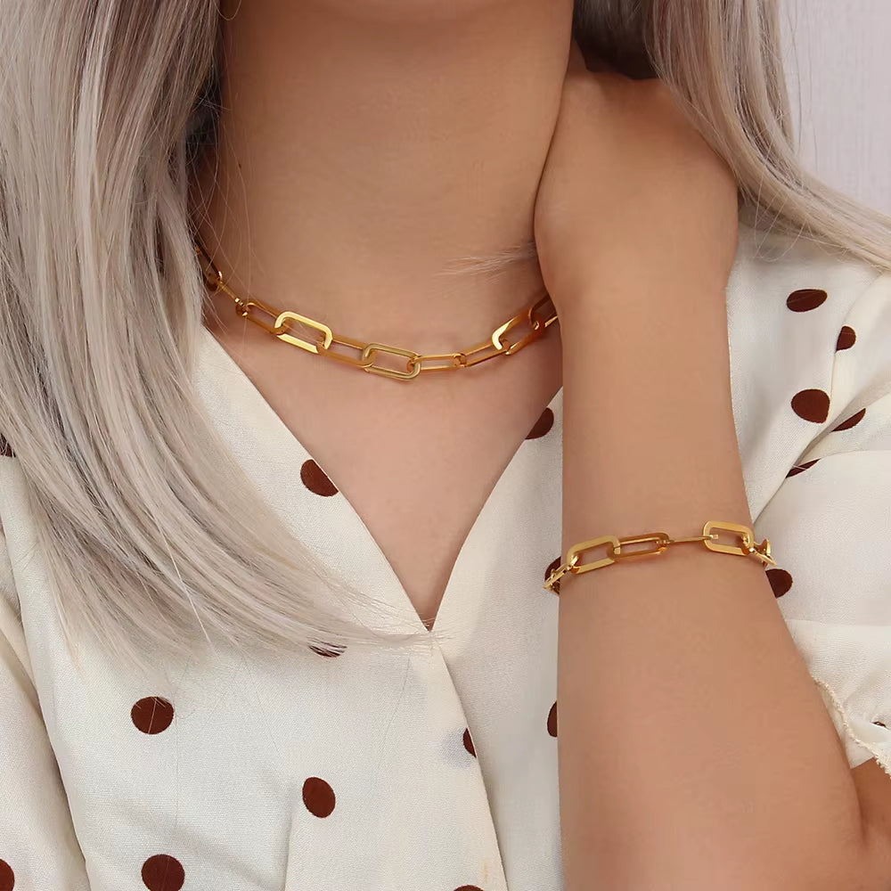 Chunky Paper Clip Chain Necklace Bracelet Jewerly Set Ladies New 18K Gold Plated Stainless Steel Chain Necklace