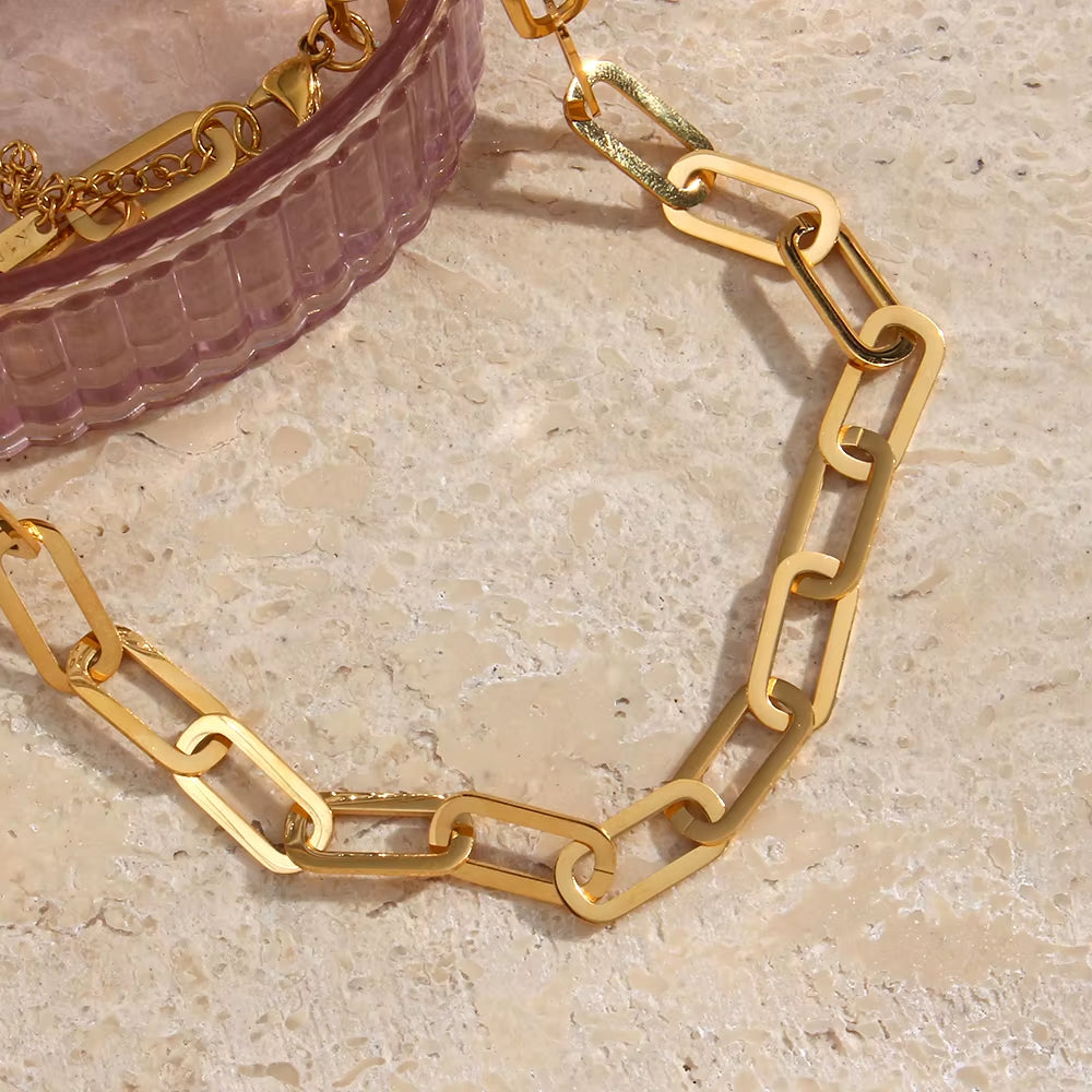 Chunky Paper Clip Chain Necklace Bracelet Jewerly Set Ladies New 18K Gold Plated Stainless Steel Chain Necklace