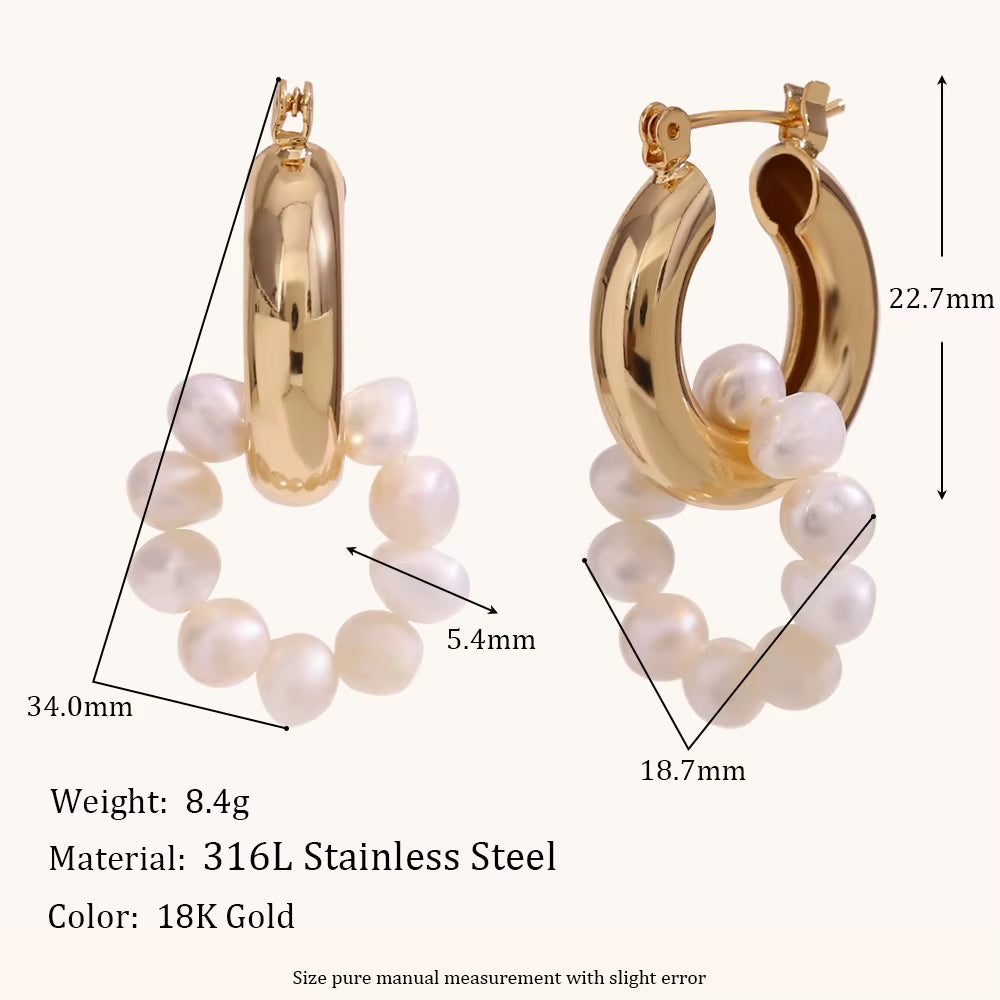 Pearl Earrings for Ladies Fashion Freshwater Pearl Charm Chunky 14K Gold Plated Hoop Earrings for Women