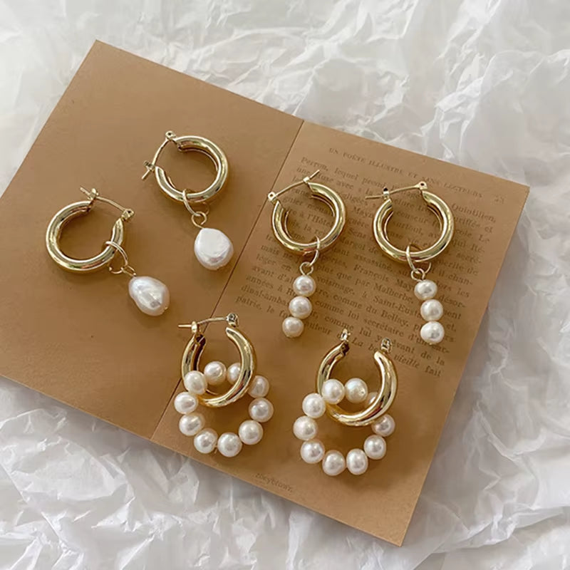 Pearl Earrings for Ladies Fashion Freshwater Pearl Charm Chunky 14K Gold Plated Hoop Earrings for Women