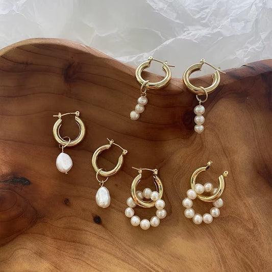 Pearl Earrings for Ladies Fashion Freshwater Pearl Charm Chunky 14K Gold Plated Hoop Earrings for Women