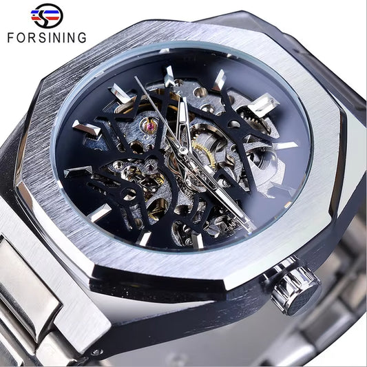 FORSINING Fashion Automatic Mens Watches Top Brand Mechanical Transparent Waterproof Business Stainless Steel Sport Wristwatches
