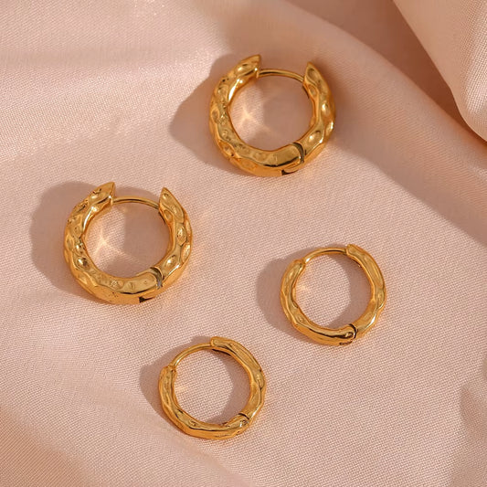 2 Sizes Chunky Thin Hammered Gold Plated Hoop Earrings for Women Vintage Jewelry Stainless Steel Aretes Para Mujer