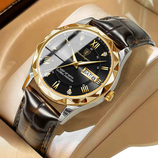 POEDAGAR Luxury Business Wristwatch Quartz Clock Leather Men'S Watches Wristwatch Waterproof Luminous Week Men Watch for Men 615