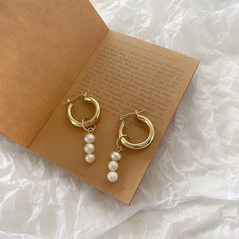 Pearl Earrings for Ladies Fashion Freshwater Pearl Charm Chunky 14K Gold Plated Hoop Earrings for Women