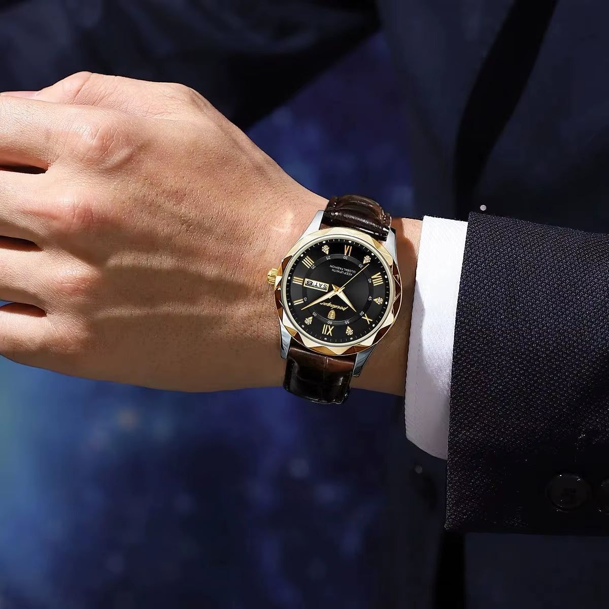 POEDAGAR Luxury Business Wristwatch Quartz Clock Leather Men'S Watches Wristwatch Waterproof Luminous Week Men Watch for Men 615