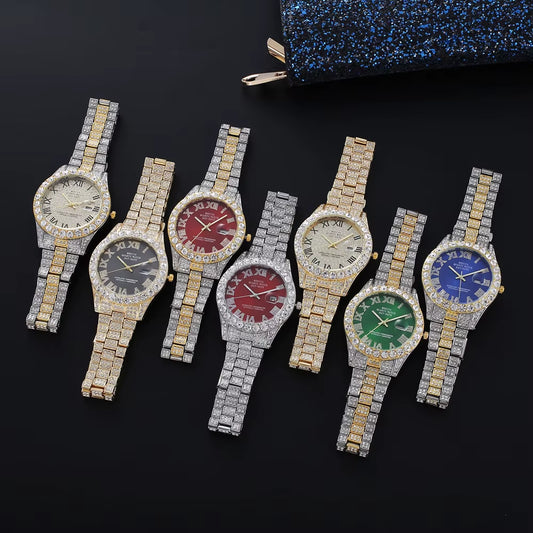 GD260-J Unisex Full Diamond Silver Plated Watch Cheap Men and Women Bling Dial Quartz Wrist Watch