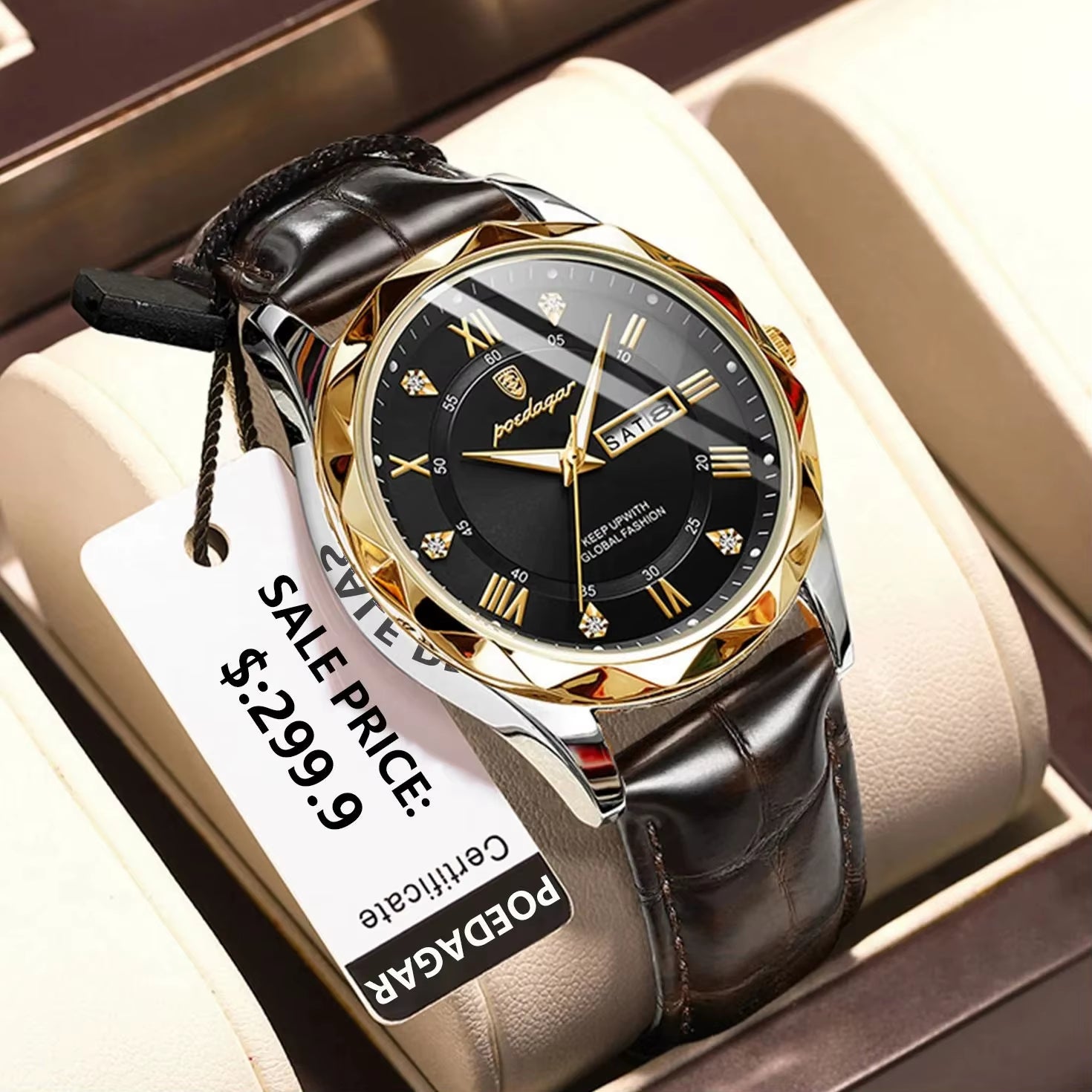 POEDAGAR Luxury Business Wristwatch Quartz Clock Leather Men'S Watches Wristwatch Waterproof Luminous Week Men Watch for Men 615